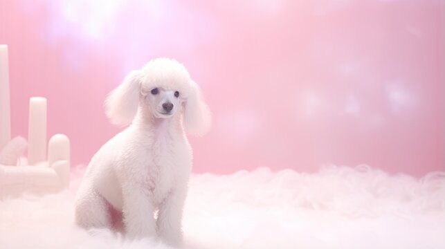  a white poodle sitting in front of a pink background.  generative ai