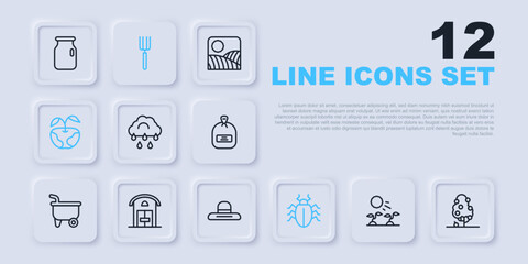 Set line Plant sprouts grow in the sun, Fruit tree, Cloud with rain, Colorado beetle, Apple, Farm house, Garden pitchfork and Farmer worker hat icon. Vector