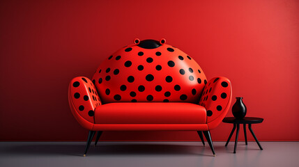 Stylish living room interior, trendy sofa and table, ladybug ladybird design, red with black dots, minimalism. Beautiful unique home design expressing individuality and creativity. - obrazy, fototapety, plakaty