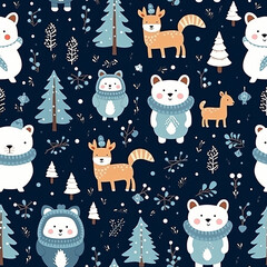 Seamless pattern with cute forest animals and trees, pattern Christmas winter big collection