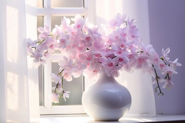 Beautiful flowers composition. Bouquet of pink orchids in vase on table. Pink orchid flower on pastel pink background.