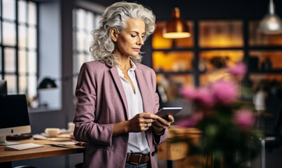 Well-Dressed Senior Businesswoman Engaged with Digital Tablet in Contemporary Office