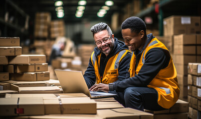 Two Warehouse Employees Collaborating on Laptop for Inventory Management - obrazy, fototapety, plakaty