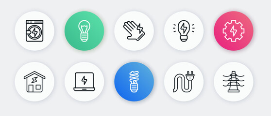 Set line LED light bulb, Gear and lightning, Smart home, Electric plug, Creative lamp idea, glove, tower line and Laptop icon. Vector