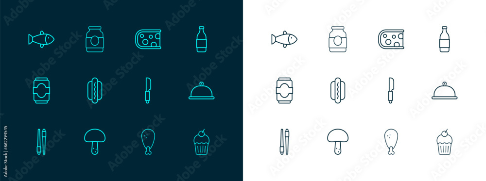 Canvas Prints Set line Bottle of wine, Mushroom, Knife, Chicken leg, Hotdog, Cheese, Fish and Jam jar icon. Vector