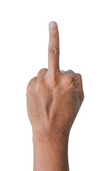 hand pointing up middle finger, concept of rude hand sign or hand gesture, isolated on white background
