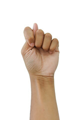 Man hand show the fico sign up. The symbol of stinginess and greed. Fico gesture. Man hand shows gesture fig isolated on white background