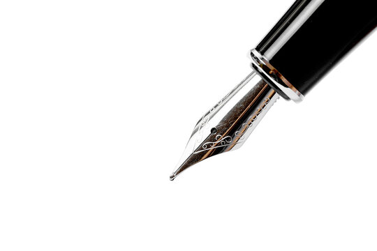 Macro shot of a black and silver fountain pen isolated on transparent background, PNG. Concept of lettering, calligraphy, graphology and document signing.