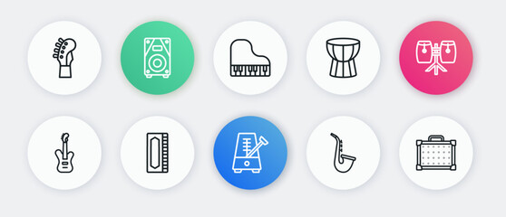 Set line Metronome with pendulum, Conga drums, Electric bass guitar, Saxophone, African darbuka, Grand piano, Guitar amplifier and Harmonica icon. Vector