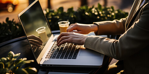 Nature as Office: Hands on Laptop Keyboard in Outdoor Setting - obrazy, fototapety, plakaty