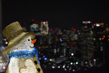 Glass snowman and city night view