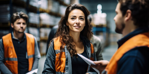 Warehouse Meeting: Female Supervisor Guides Employees on Scheduling