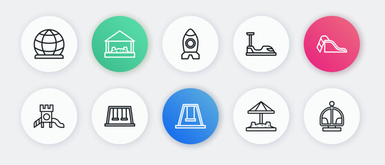 Set line Swing for kids, Slide playground, Sandbox with sand, Bumper car, Rocket ship toy, Attraction carousel and Swings icon. Vector