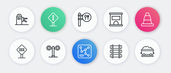 Set line Railway map, Traffic cone, Railroad crossing, Railway, railroad track, Ticket office to buy tickets, Cafe and restaurant location, Coal train wagon and Train traffic light icon. Vector