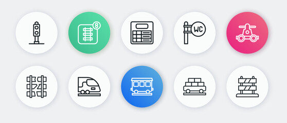 Set line Passenger train cars, Handcar transportation, Broken cracked railway, Cargo wagon, Toilet, Train station board, End of tracks and High-speed icon. Vector