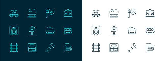 Naklejka premium Set line Railway station, Train board, Coal train wagon, Wrench spanner, Road traffic sign, Toilet, Handcar transportation and Oil railway cistern icon. Vector