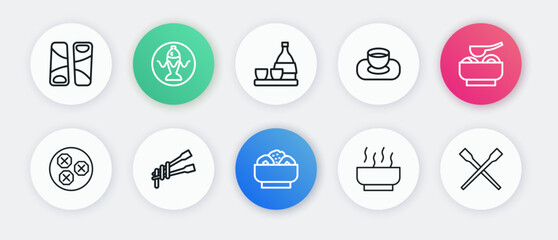 Set line Chow mein on plate, Ramen soup bowl, Wonton, Soy sauce, Bottle of sake, Food chopsticks and with noodles icon. Vector