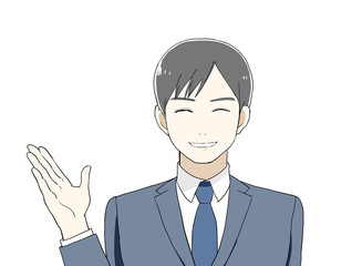 笑顔で案内するスーツの男性