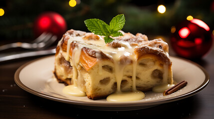 Cinnamon Roll Bread Pudding Christmas background
