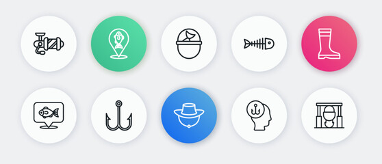 Set line Fisherman hat, Fishing boots, Location fishing, skeleton, bucket with, Campfire and pot and hook icon. Vector