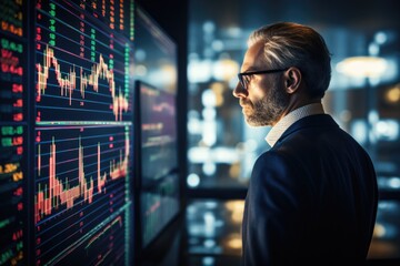 Male businessman analyzing digital financial chart graph - obrazy, fototapety, plakaty