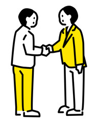 Illustration of two people in suits shaking hands, full body version