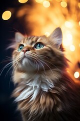 Tabby cat looking sideways in background fireworks