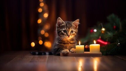 Cute tabby kitten with candle lights