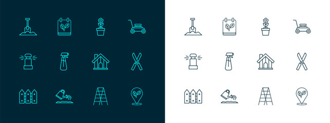 Set line Lawn mower, Watering can, Farm house, Wooden staircase, Garden sprayer for water, Flower pot, Shovel and Calendar with autumn leaves icon. Vector
