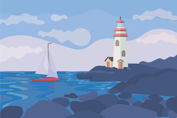 Lighthouse at sea and boat