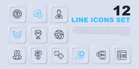 Set line Football betting money, Online poker table game, Casino trophy cup, Hand holding casino chips, Horseshoe, with dollar, American football and Game dice icon. Vector