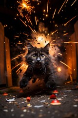 Frightened panic cat in front of fireworks