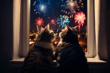 Two cute cats watching fireworks celebration in the nightly sky