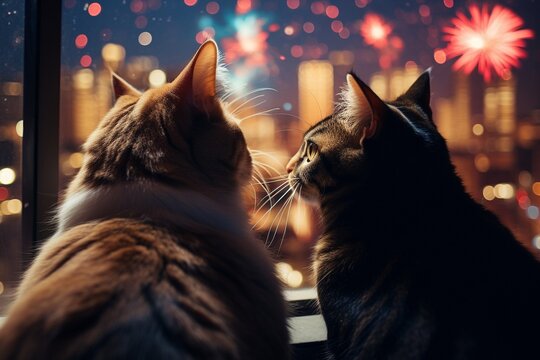 Two cute cats watching fireworks celebration in the nightly sky