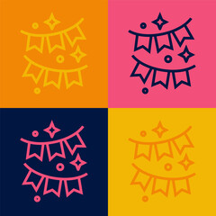 Pop art line Carnival garland with flags icon isolated on color background. Party pennants for birthday celebration, festival and fair decoration. Vector