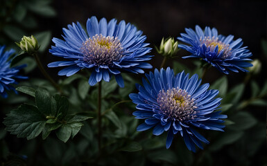 Blue flower aster on dark background 