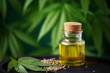 CBD hemp oil in a bottle and hemp seeds against cannabis leaf background. Hemp herbal alternative medicine.