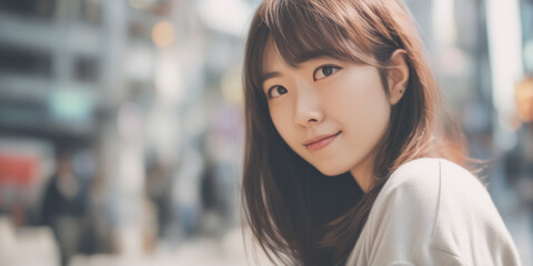 Obraz premium Beautiful Japanese woman tourist nice fashion half body eye contact and background empty space for design in Japan