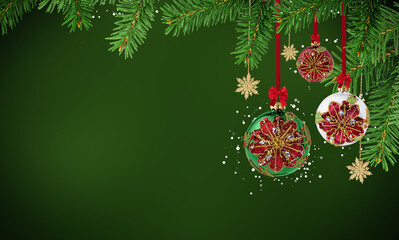 Christmas ornaments hanging on Christmas tree branches over green background. Christmas and New Year greeting card with copy space for design.