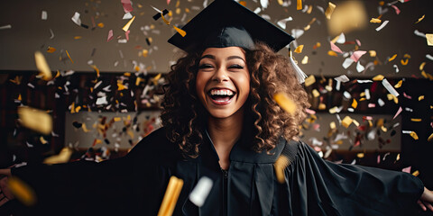 portrait of a graduate wearing a graduation gown and hat, celebrating with confetti steamers - obrazy, fototapety, plakaty