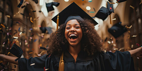 portrait of a graduate wearing a graduation gown and hat, celebrating with confetti steamers - obrazy, fototapety, plakaty