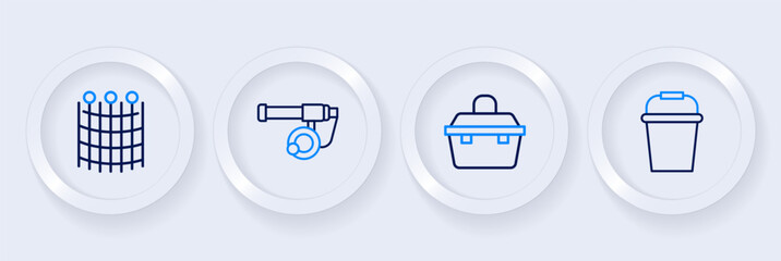 Set line Fishing bucket, Case or box for fishing equipment, rod and net pattern icon. Vector - obrazy, fototapety, plakaty