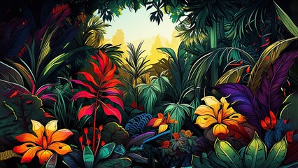 Fototapeta na wymiar Seamless pattern background of a lush forest scene. Tropical jungle concept