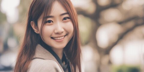 Obraz premium Beautiful Japanese woman tourist nice fashion half body eye contact and background empty space for design in Japan