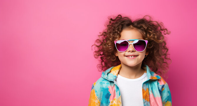Portrait photo of 3 year old girl in colorful clothes