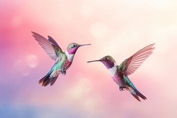 a picturesque photo of several small colorful birds hummingbird with tiny wings and long beaks flying in the gradient sky among flowers