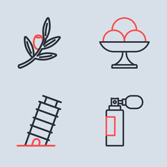 Set line Ice cream in the bowl, Leaning tower Pisa, Perfume and Olives branch icon. Vector