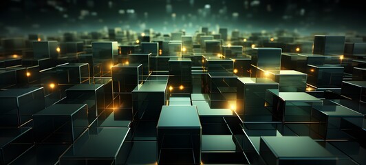 Fototapeta premium Gradient and lilac blocks with neon lines and glowing background futuristic illustration abstract 3d geometric shapes, cyberspace technology concept business web design Generative AI