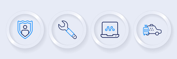 Set line Taxi car, mobile app, Wrench spanner and Life insurance with shield icon. Vector