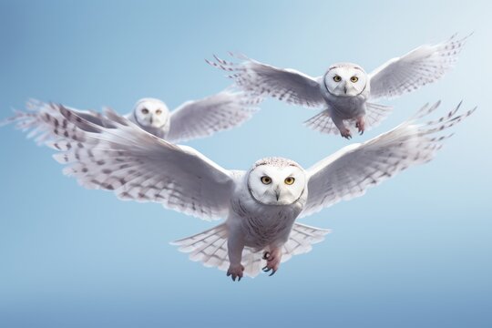 a picturesque photo of several white and grey birds owls with big majestic wings flying in the gradient sky